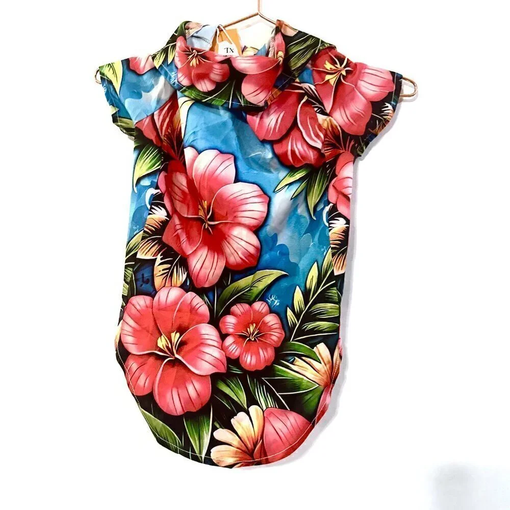 Dog Floral Hawaiian Shirt Medium  Hibiscus Pink Flowers, Stocking Stuffer NWT